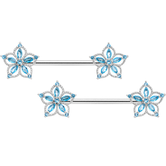 14G 9/16 Aqua CZ Gem Airy Flower Nipple Ring Set