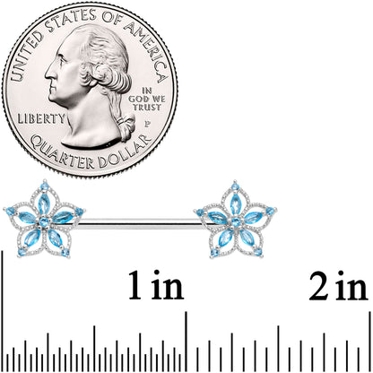 14G 9/16 Aqua CZ Gem Airy Flower Nipple Ring Set