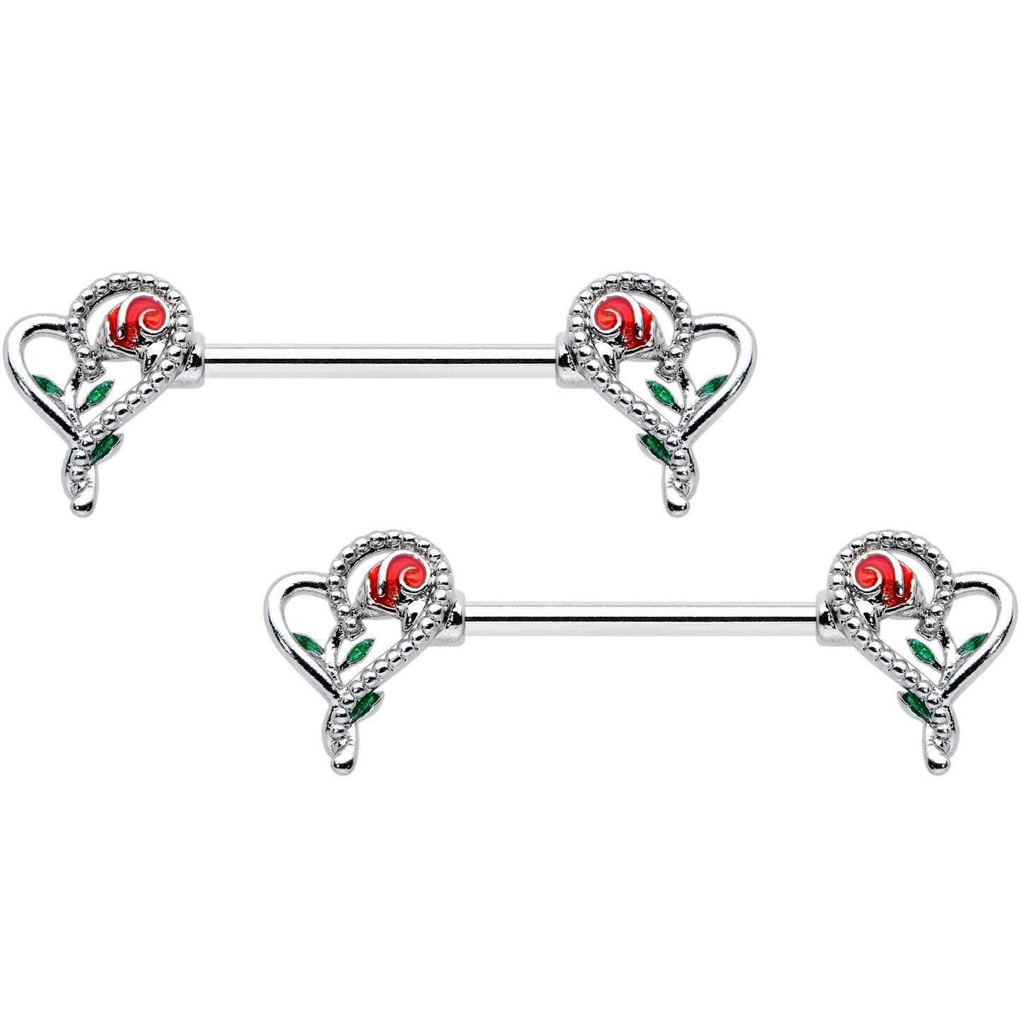 14G 5/8 Open Heart Rose Valentines Barbell Nipple Ring Set