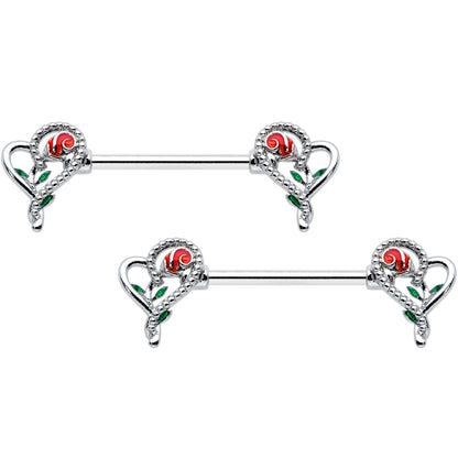 14G 5/8 Open Heart Rose Valentines Barbell Nipple Ring Set