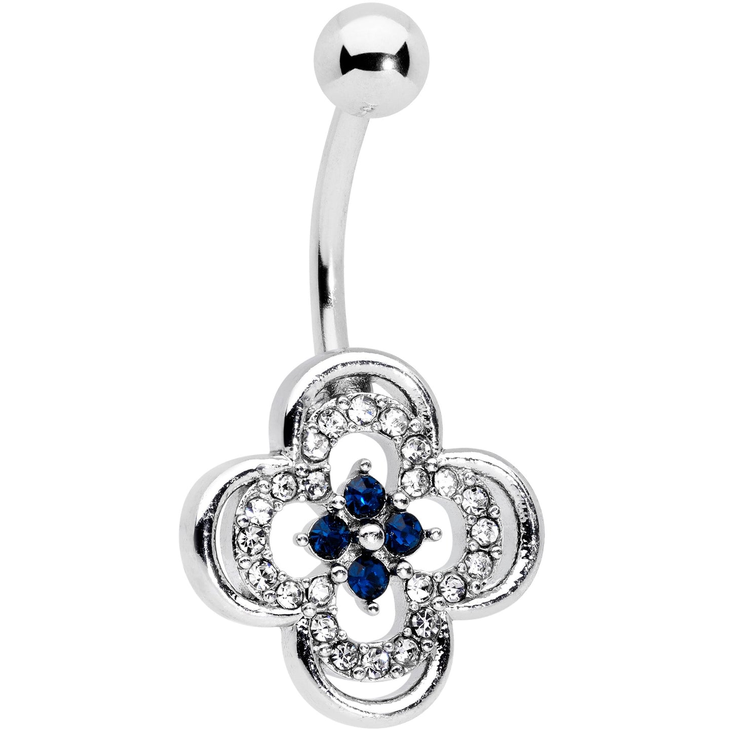 Clear Blue Gem Stylized Deco Cross Belly Ring