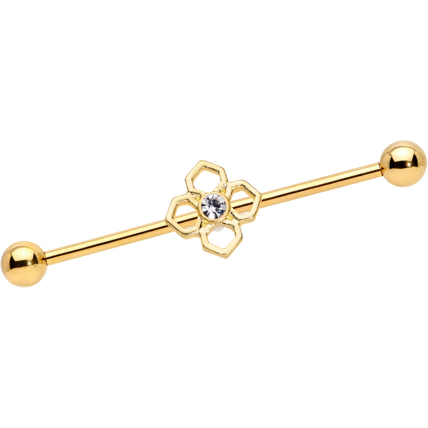 14G Clear Gem Gold Tone Open Cross Industrial Barbell 38mm