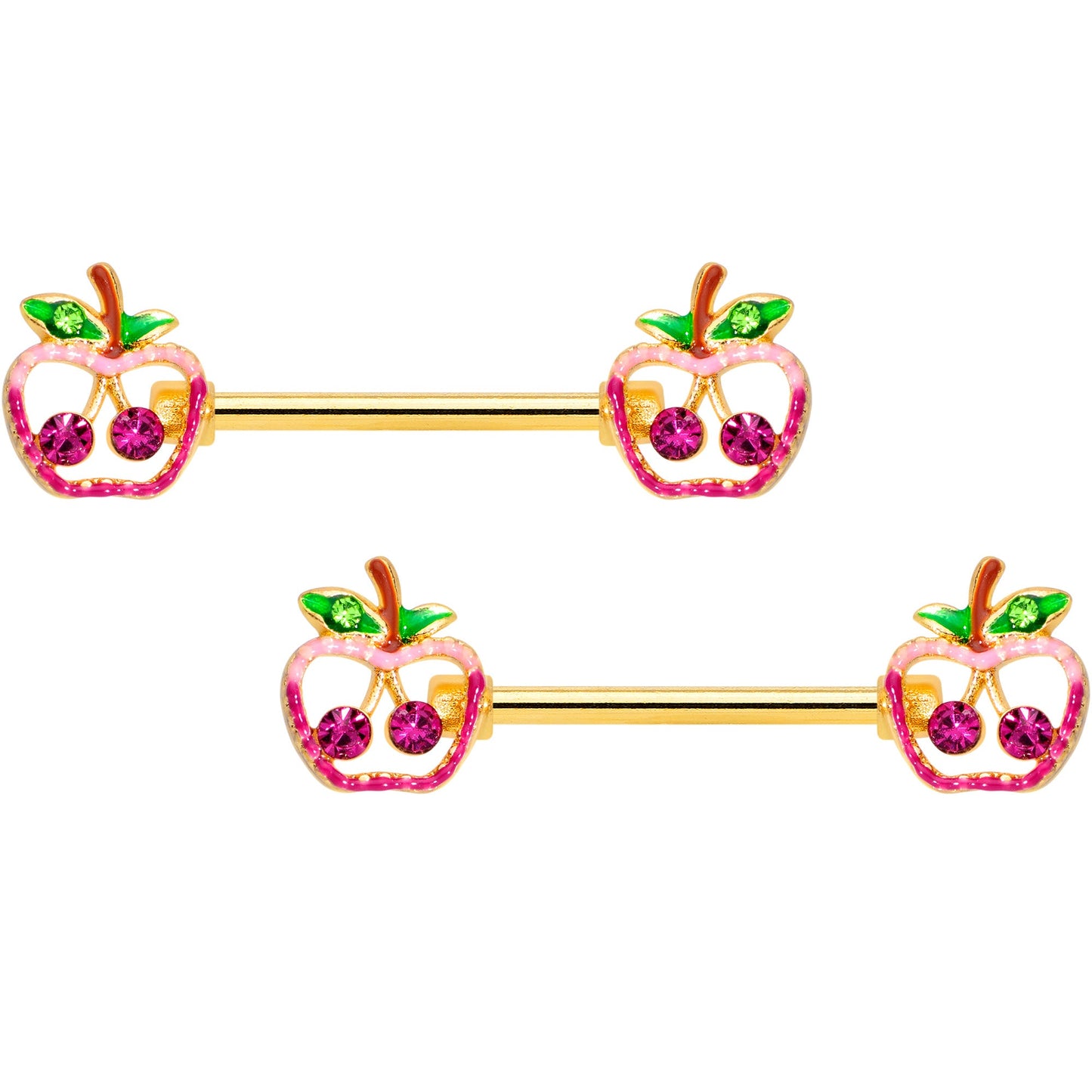14G 5/8 Green Purple Gem Gold Tone Cherry Apple Nipple Ring Set