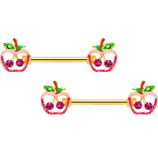 14G 5/8 Green Purple Gem Gold Tone Cherry Apple Nipple Ring Set