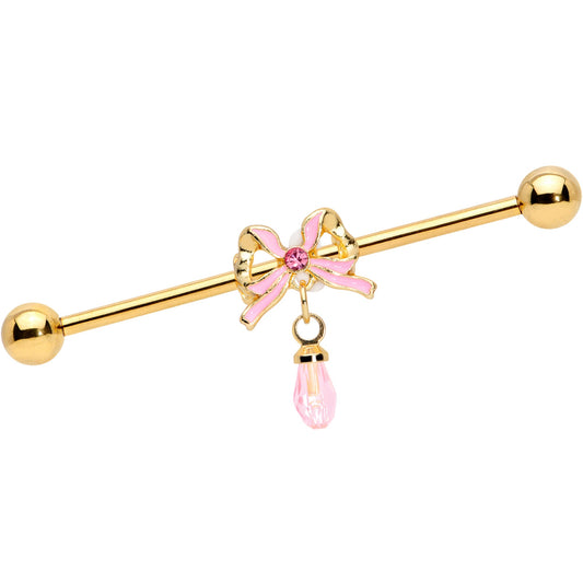 14G Pink Gem Gold Tone Bow Dangle Industrial Barbell 38mm