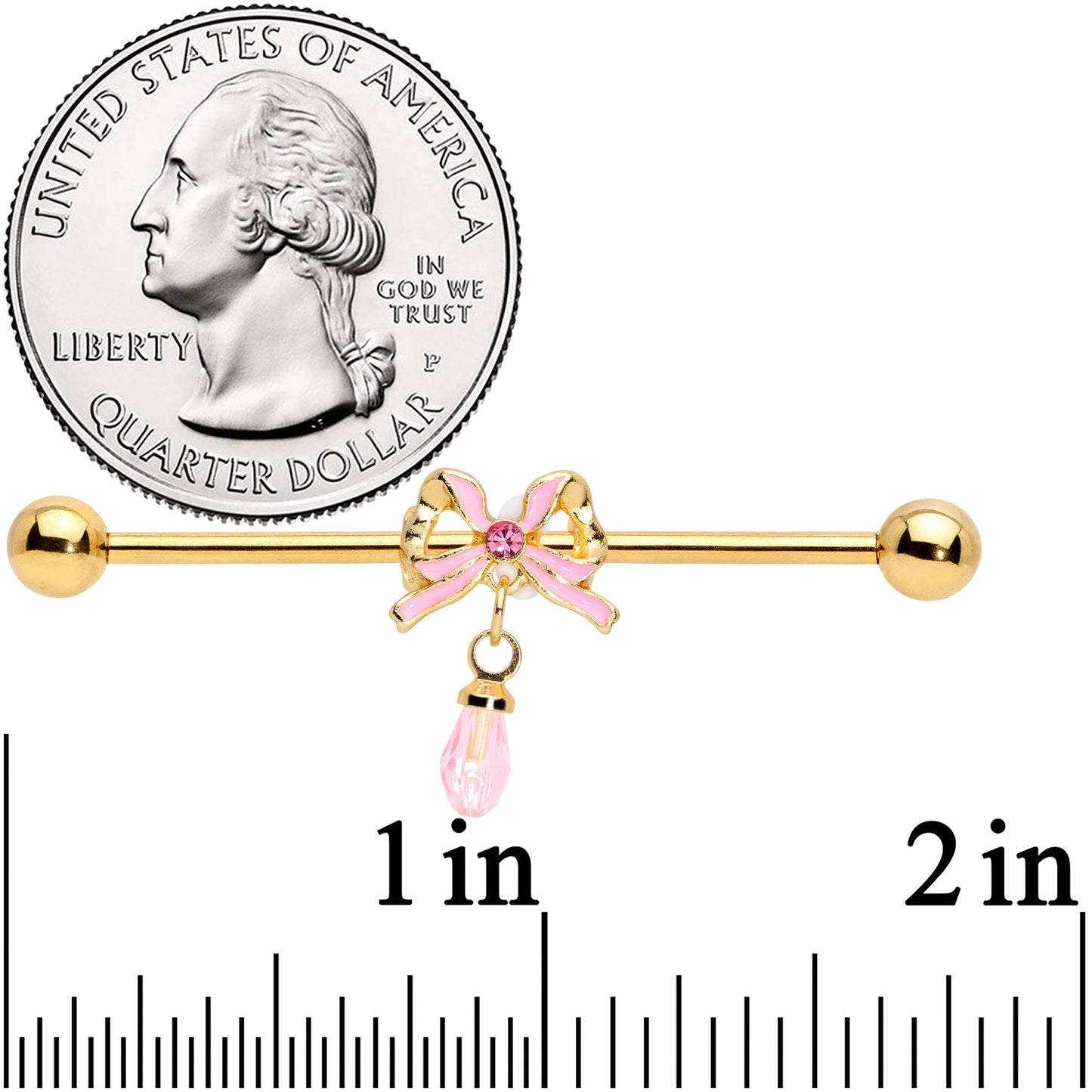 14G Pink Gem Gold Tone Bow Dangle Industrial Barbell 38mm