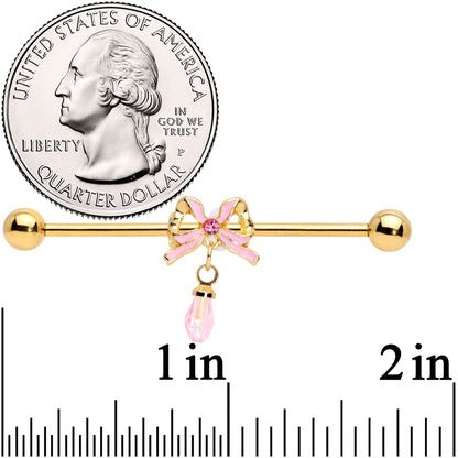 14G Pink Gem Gold Tone Bow Dangle Industrial Barbell 38mm