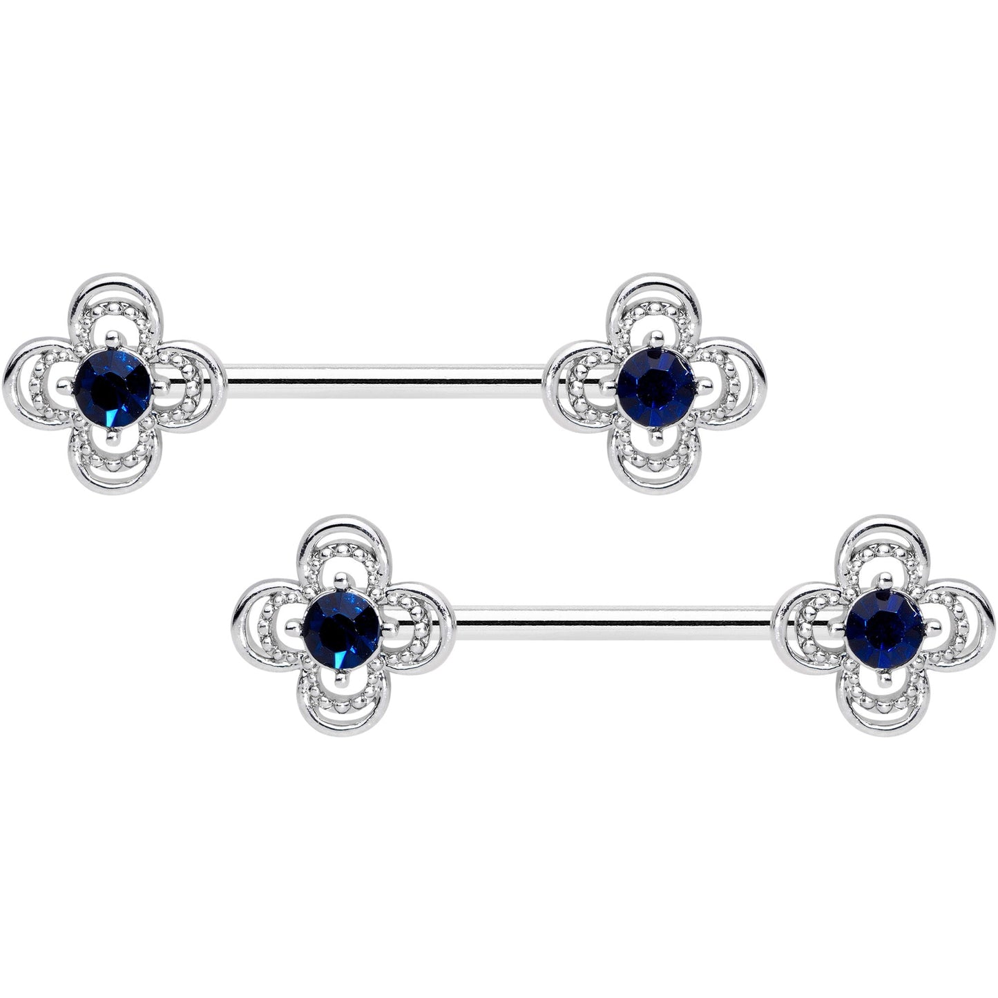 14G 9/16 Blue Gem Stylized Deco Cross Barbell Nipple Ring Set