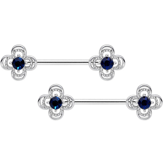 14G 9/16 Blue Gem Stylized Deco Cross Barbell Nipple Ring Set