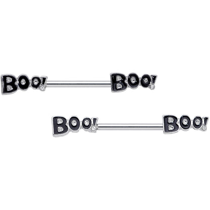 14G 5/8 Clear Gem Black Boo Halloween Barbell Nipple Ring Set