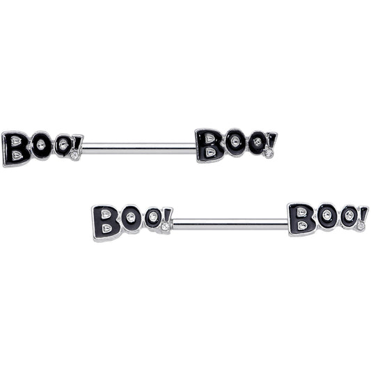 14G 5/8 Clear Gem Black Boo Halloween Barbell Nipple Ring Set