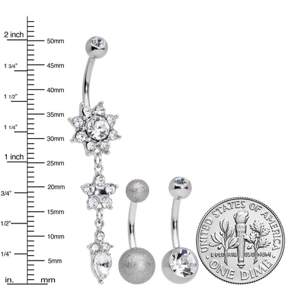 Clear Gem Flower Sandblasted Dangle Belly Ring Set of 3