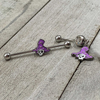 14G Skull Purple Witch Hat Halloween Industrial Barbell 38mm