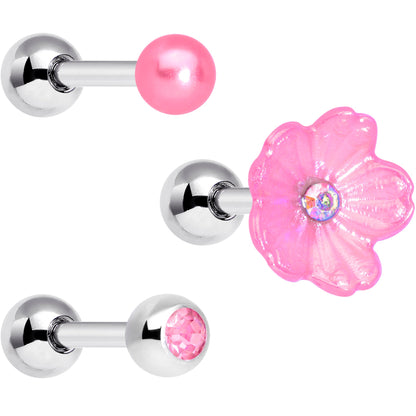 16G 1/4 Pink Aurora Gem Flower Cartilage Tragus Earring Set of 3
