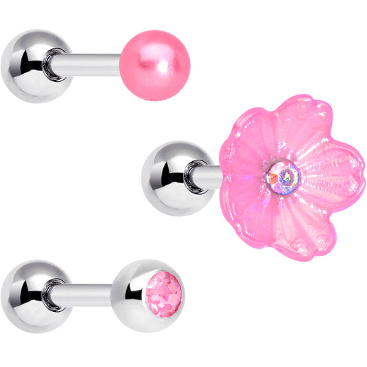 16G 1/4 Pink Aurora Gem Flower Cartilage Tragus Earring Set of 3