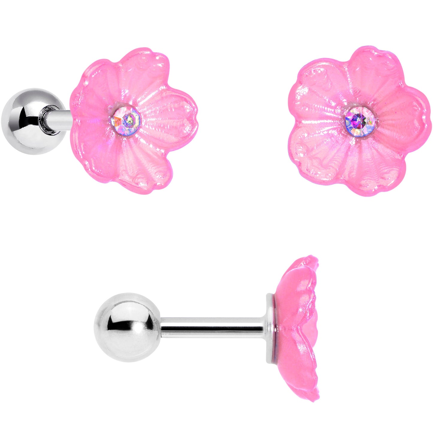 16G 1/4 Pink Aurora Gem Flower Cartilage Tragus Earring Set of 3