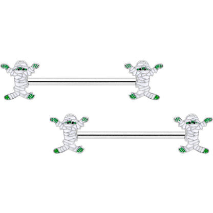 14G 5/8 Green Mummy Halloween Barbell Nipple Ring Set