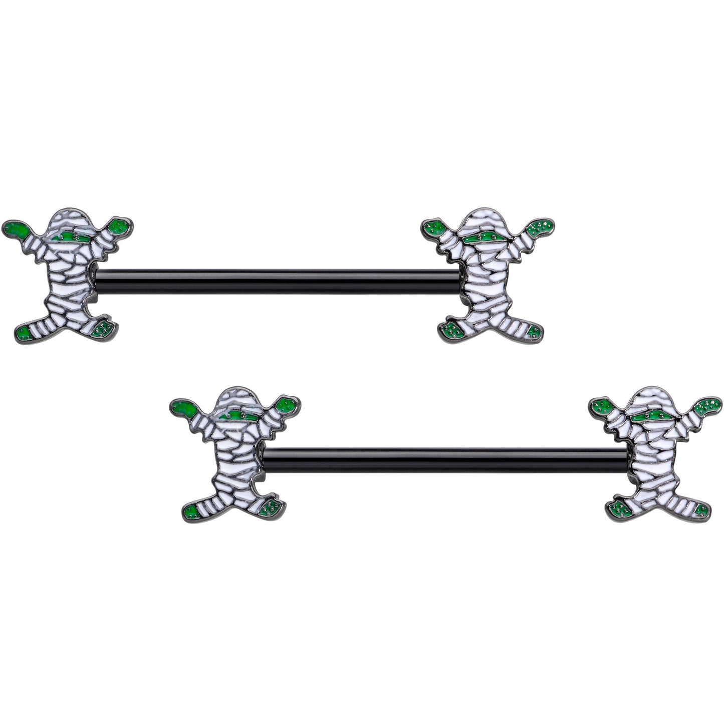 14G 5/8 Black Green Mummy Halloween Barbell Nipple Ring Set