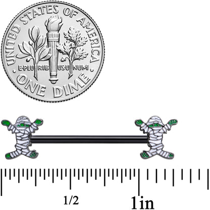 14G 5/8 Black Green Mummy Halloween Barbell Nipple Ring Set