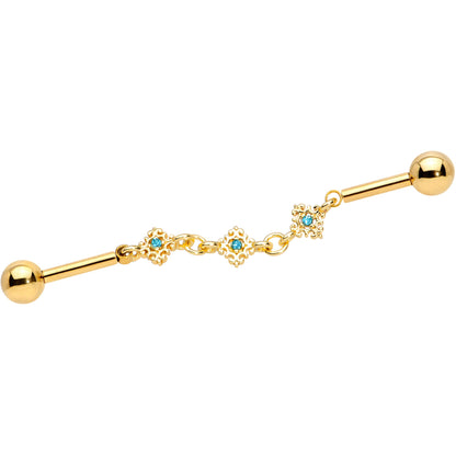 14G Aqua Gem Gold Tone Rhombus Chain Industrial Barbell 40mm