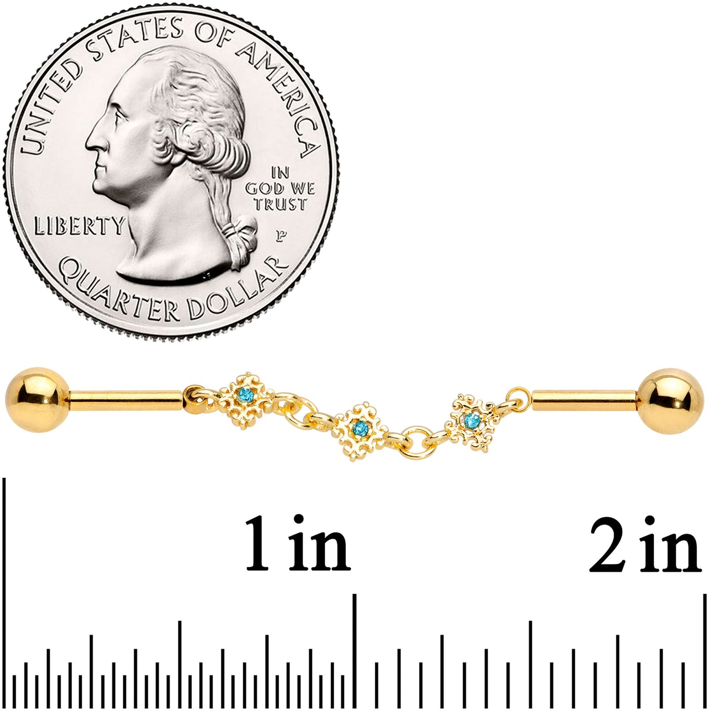 14G Aqua Gem Gold Tone Rhombus Chain Industrial Barbell 40mm