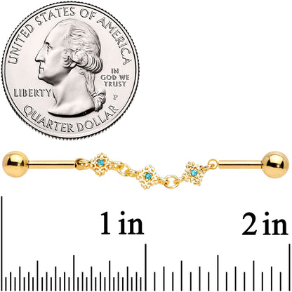 14G Aqua Gem Gold Tone Rhombus Chain Industrial Barbell 40mm