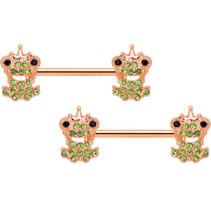 14G 9/16 Green Gem Rose Gold Tone Royal Frog Nipple Ring Set
