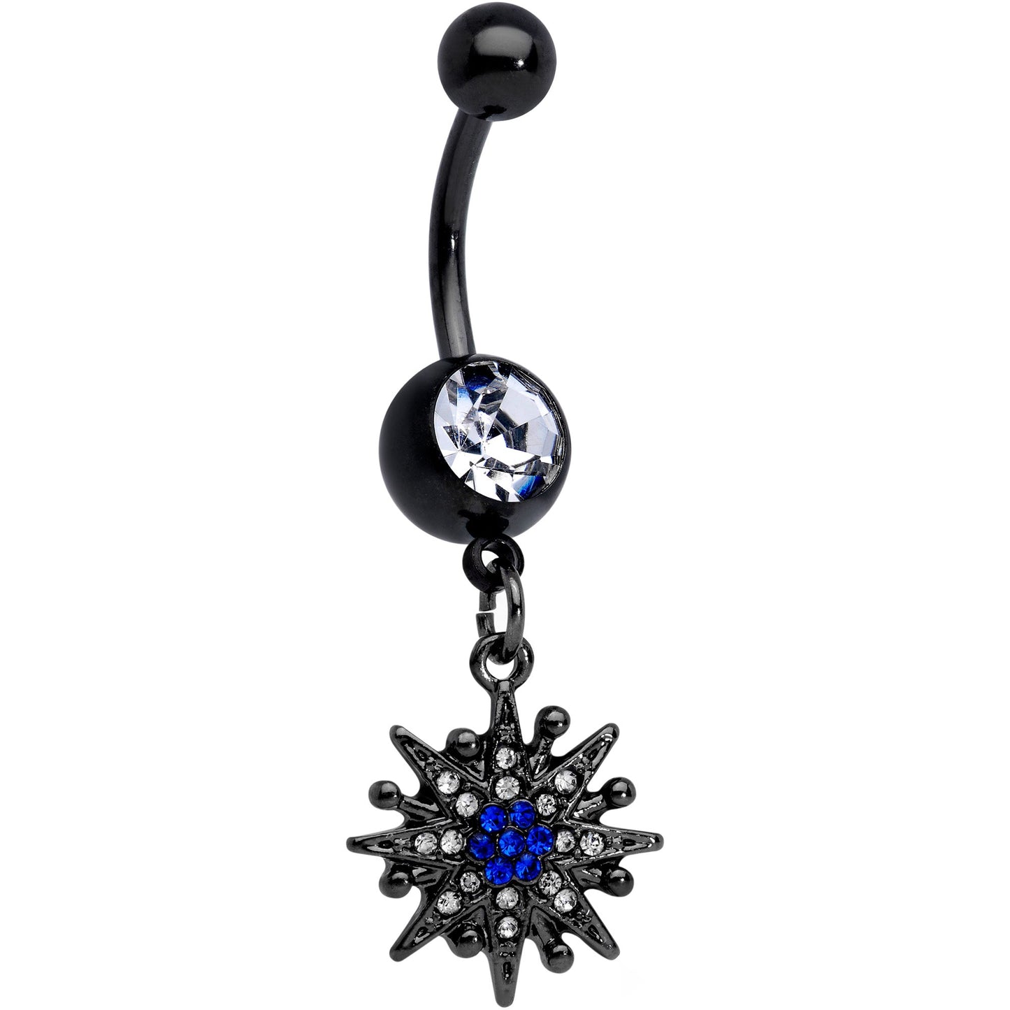 Blue Clear Gem Black Star Crescent Moon Dangle Belly Ring Set of 2