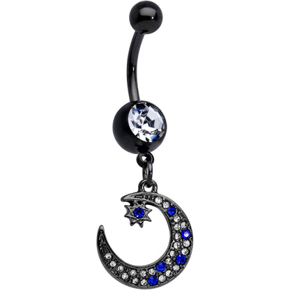 Blue Clear Gem Black Star Crescent Moon Dangle Belly Ring Set of 2
