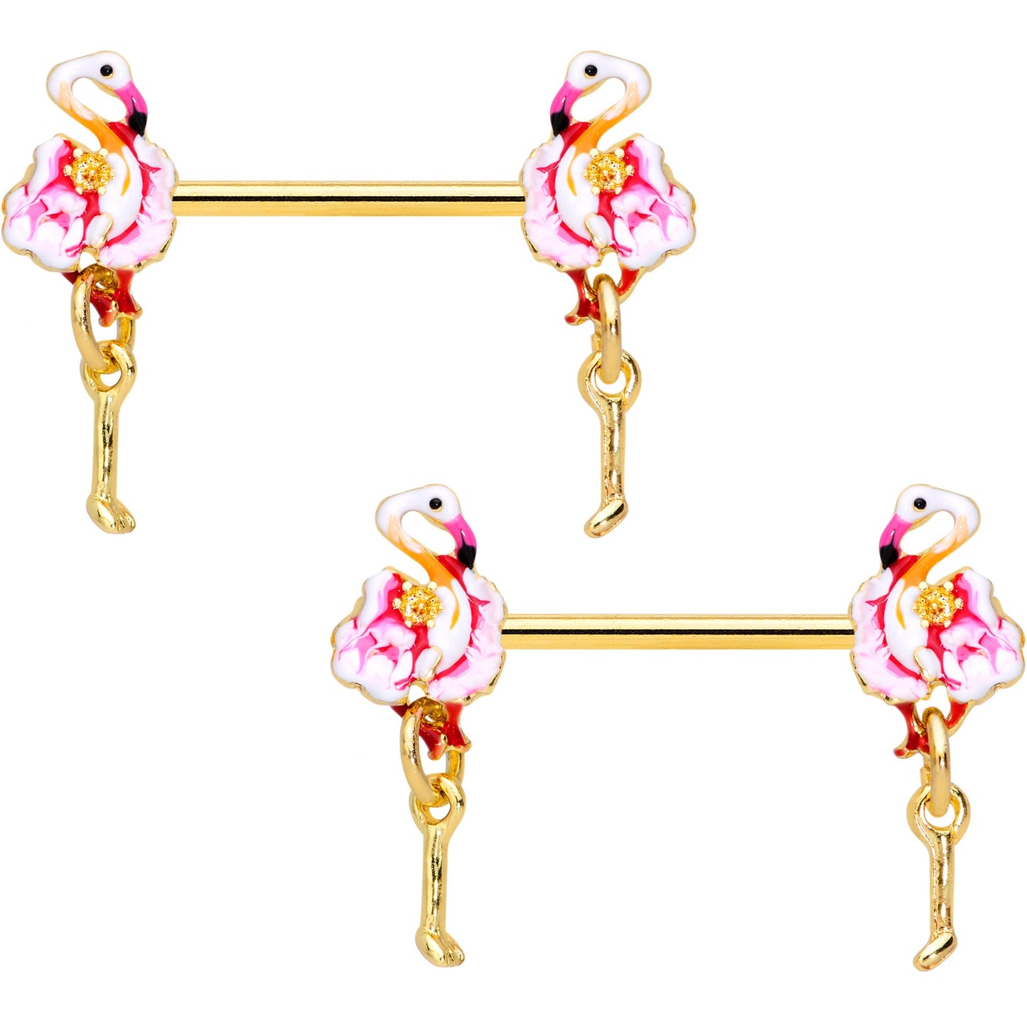 14G 9/16 Gold Tone Pink Flamingo Dangle Barbell Nipple Ring Set