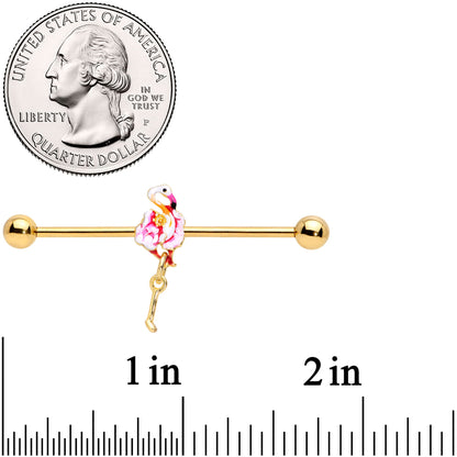14G Gold Tone Pink Flamingo Dangle Industrial Barbell 38mm