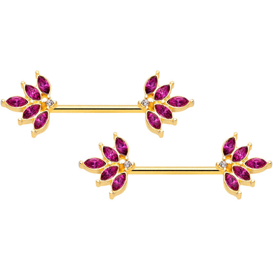 14G 9/16 Red Gem Gold Tone Autumn Leaves Nipple Ring Set