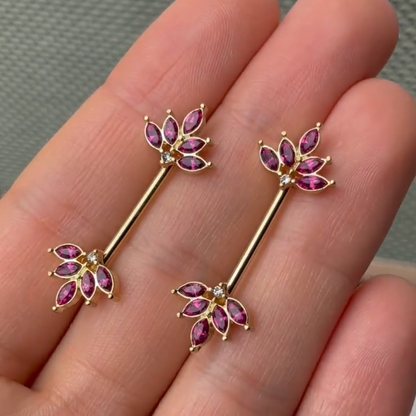 14G 9/16 Red Gem Gold Tone Autumn Leaves Nipple Ring Set