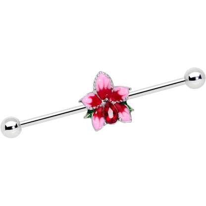 14G Red Gem Exotic Flower Industrial Barbell 38mm