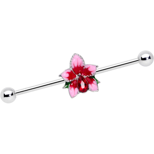 14G Red Gem Exotic Flower Industrial Barbell 38mm