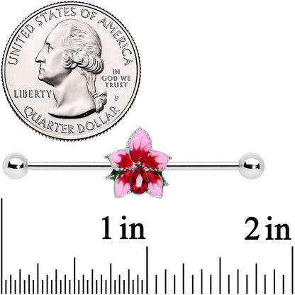 14G Red Gem Exotic Flower Industrial Barbell 38mm