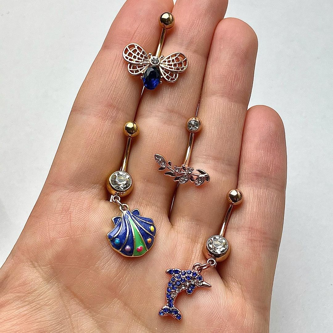 Clear Gem Gold Tone Blue Shell Dangle Belly Ring