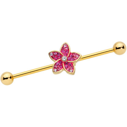 14G Clear Purple Gem Gold Tone Flower Industrial Barbell 38mm