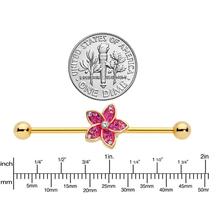 14G Clear Purple Gem Gold Tone Flower Industrial Barbell 38mm