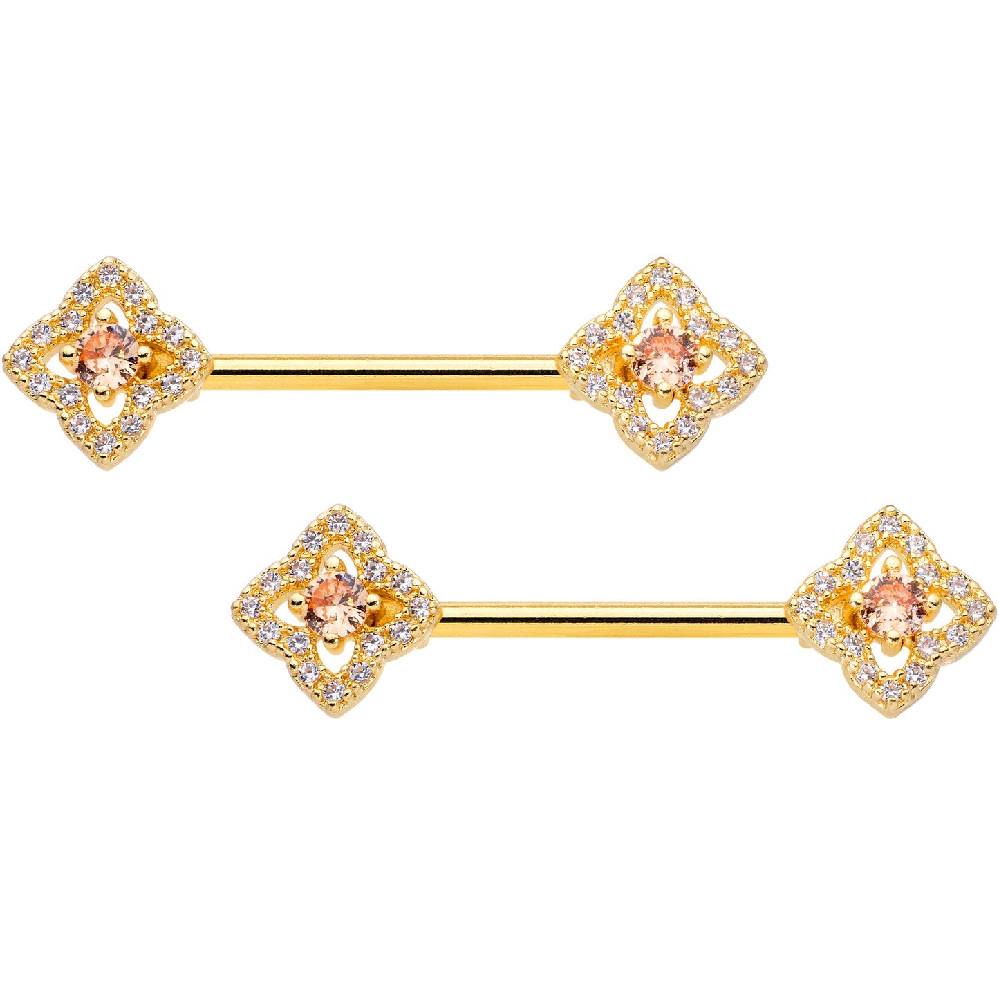 14G 9/16 Clear CZ Gem Gold Tone Rhombus Royale Nipple Ring Set