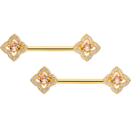 14G 9/16 Clear CZ Gem Gold Tone Rhombus Royale Nipple Ring Set