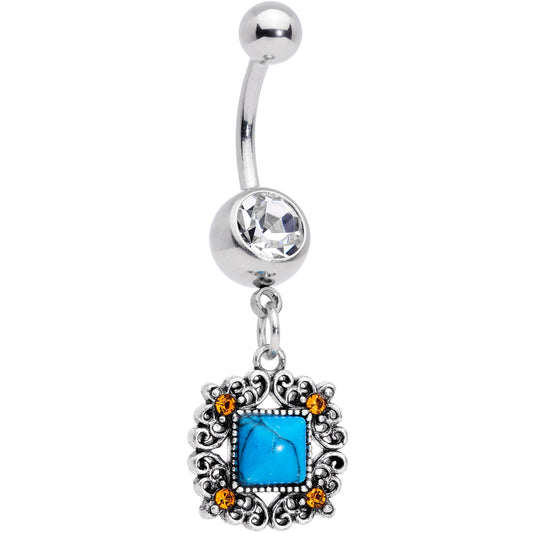 Clear Yellow Gem Blue Faux Turquoise Square Dangle Belly Ring