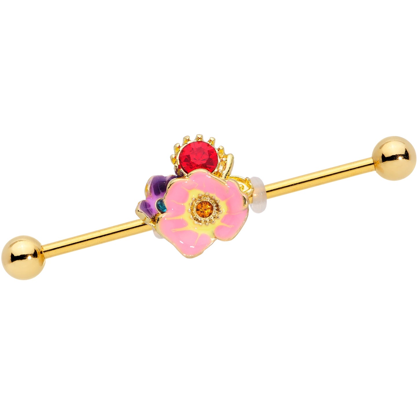 14G Red Blue Gem Gold Tone Multi Flower Industrial Barbell 38mm