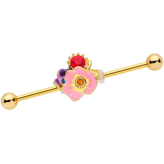 14G Red Blue Gem Gold Tone Multi Flower Industrial Barbell 38mm