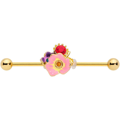 14G Red Blue Gem Gold Tone Multi Flower Industrial Barbell 38mm