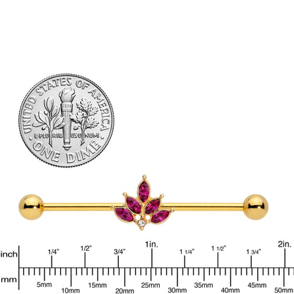 14G Dark Red Gem Gold Tone Autumn Leaves Industrial Barbell 38mm