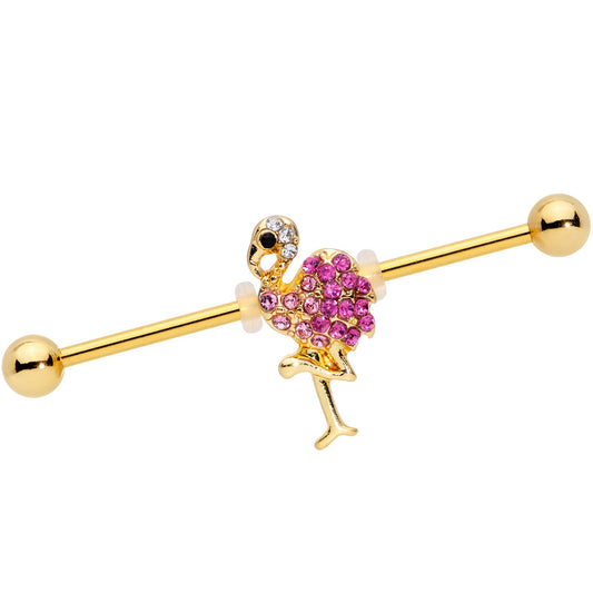14G Pink Gem Gold Tone Fashion Flamingo Industrial Barbell 38mm