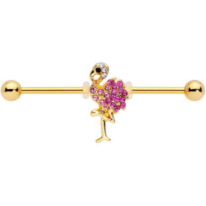 14G Pink Gem Gold Tone Fashion Flamingo Industrial Barbell 38mm