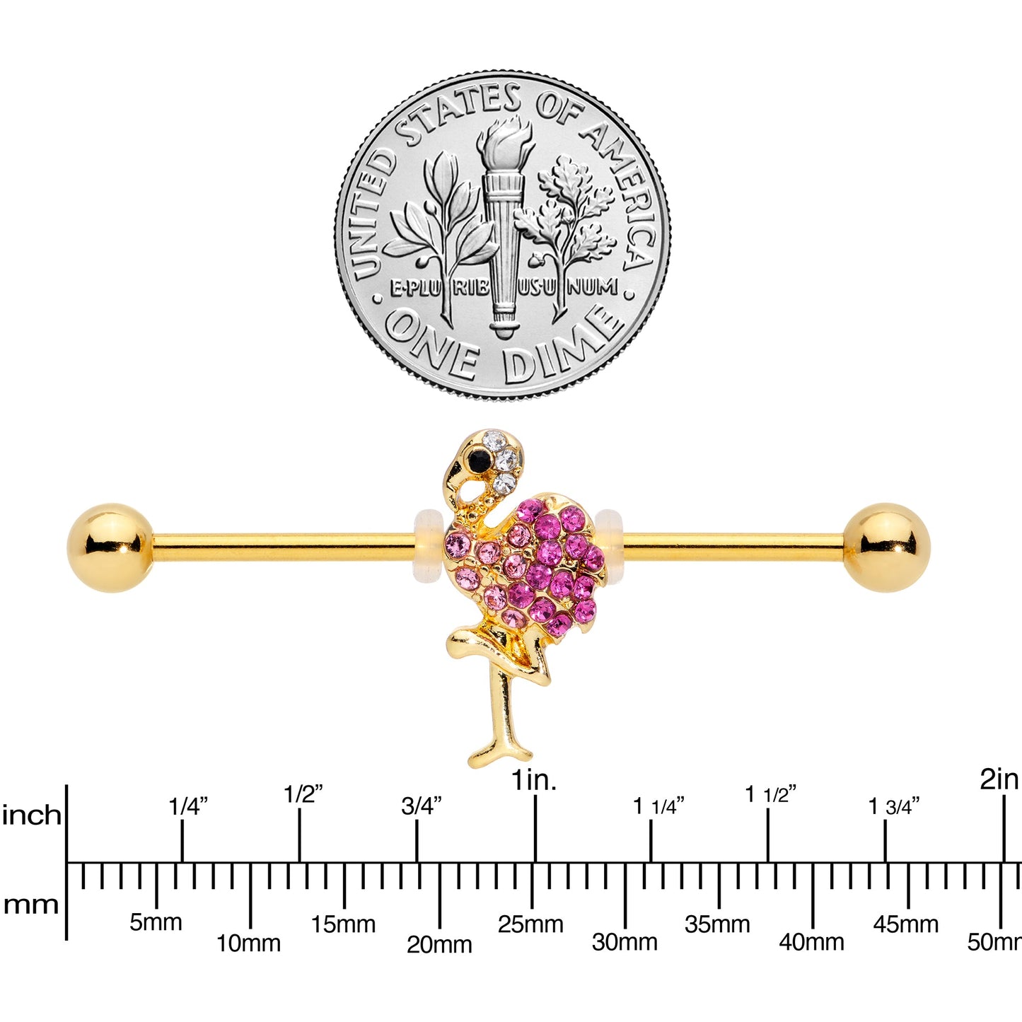 14G Pink Gem Gold Tone Fashion Flamingo Industrial Barbell 38mm