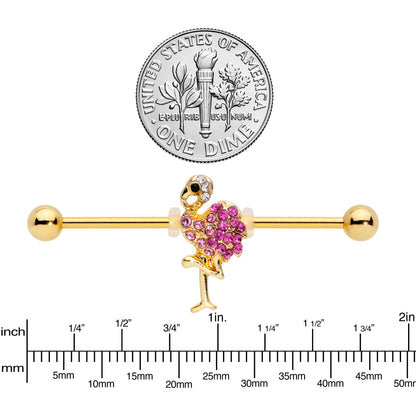 14G Pink Gem Gold Tone Fashion Flamingo Industrial Barbell 38mm